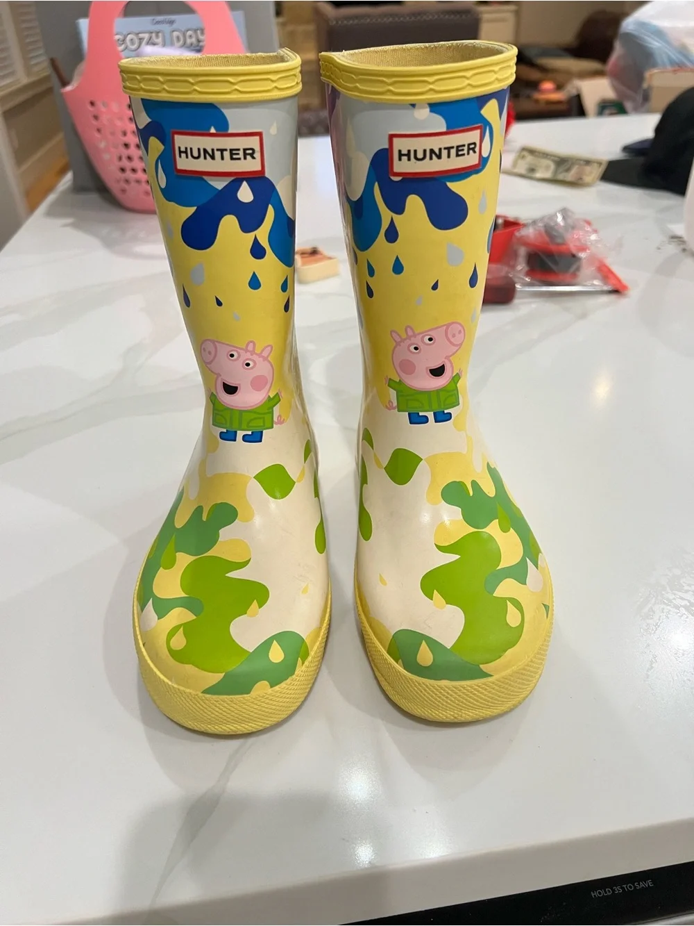Hunter Kids Yellow Peppa Pig Rain Boots with Green and Blue Accents